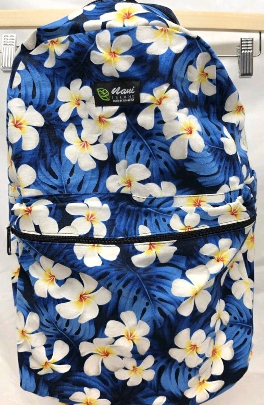 Nani Island Hawaii Backpack Blue Plumeria Floral Travel Bag Lightweight Made USA